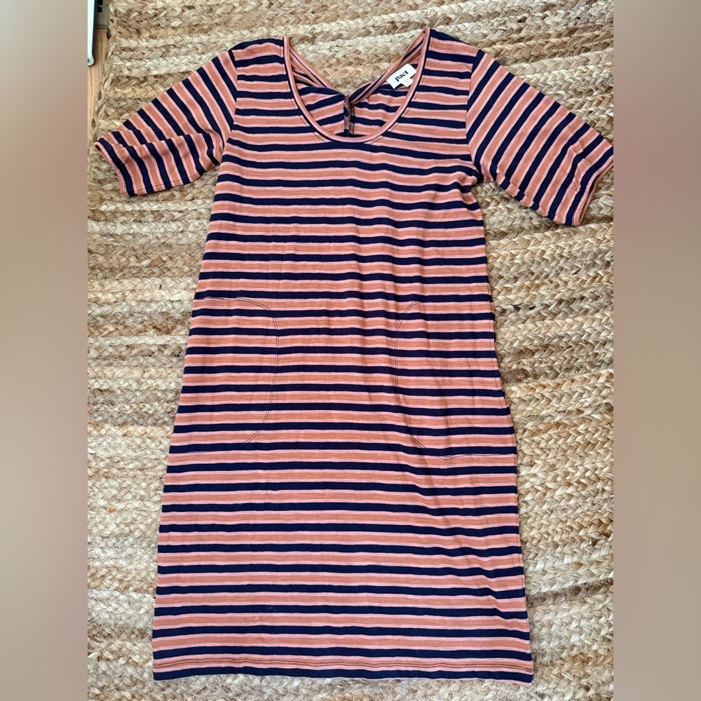Pact Size Small Orange & Blue Striped Organic Cotton Tee Shirt Dress